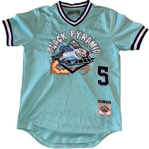 Black Pyramid Outta Here Shark #5 Baseball Jersey Mens L Teal V-Neck